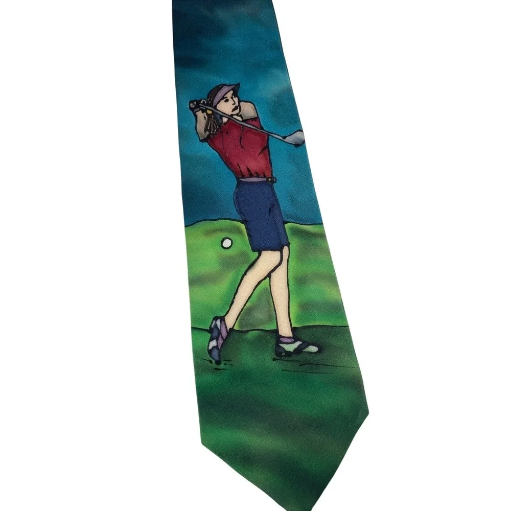 Robert Daskal Hand Painted Silk‎ Golf Tie Sofia Knegt Soubal Green Blue Novelty